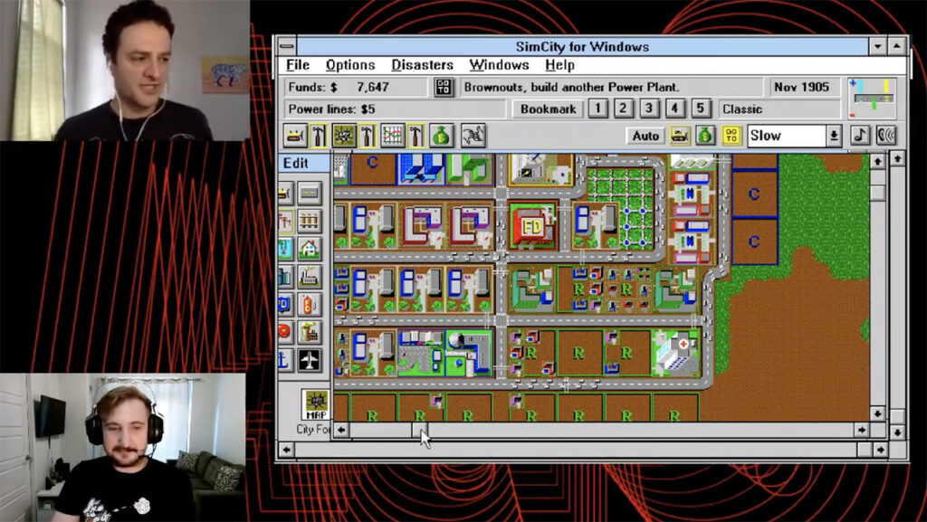 In a 2020 AGO Let’s Play session, AGO curatorial assistant Nathan Huisman and game designer Paolo Pedercini played a round of SimCity and discussed the legacy of the simulation classic. Image: AGO